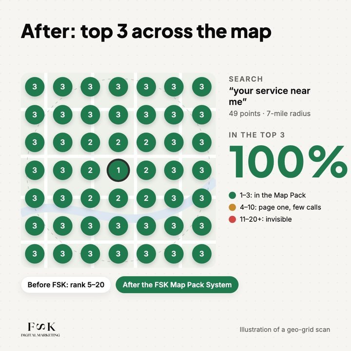 Geo-grid scan illustration: before FSK most points rank 7 to 20 (red); after the FSK Map Pack System every point is in the top 3 (green)